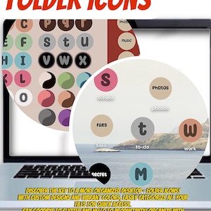 Puede incluir: Una pantalla de computadora portátil que muestra iconos de carpetas coloridos con letras y palabras como "Fotos", "Escuela", "Archivos", "Por hacer", "Trabajo" y "Secreto". El texto "¡Descubre la clave para un escritorio más organizado: ¡iconos de carpetas! Con diseños personalizados y colores vibrantes, categoriza fácilmente todos tus archivos para un acceso rápido. ¡Dile adiós al desorden y hola a la productividad! ¡Organízate con estilo hoy!" se muestra en la parte inferior de la pantalla.