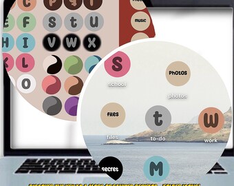 Op de afbeelding: Een laptopscherm met kleurrijke map-pictogrammen met letters en woorden zoals "Foto's", "School", "Bestanden", "To-do", "Werk" en "Geheim". De tekst "Ontdek de sleutel tot een beter georganiseerd bureaublad - Map-pictogrammen! Met aangepaste ontwerpen en levendige kleuren, categoriseer je al je bestanden gemakkelijk en heb je snel toegang. Zeg vaarwel tegen rommel en hallo tegen productiviteit! Organiseer met stijl vandaag." wordt onderaan het scherm weergegeven.