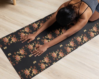 Gouden bloemen op zwarte yogamat, botanische meditatie gebedsmat, antislip pilates homegymapparatuur