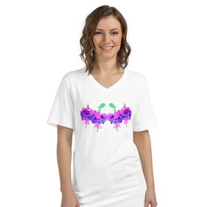 Fuchsia Unisex Short Sleeve V-Neck T-Shirt,floral shirt,wildflower shirt,spring top,flower style top,botanical shirt,pink floral shirt