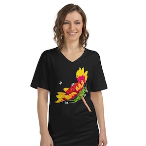 Bright Floral Unisex Short Sleeve V-Neck T-Shirt,wildflowers shirt,plants shirt,botanical shirt,painted floral shirt,yellow flower