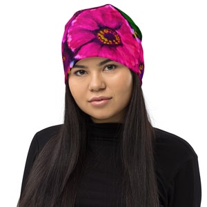 Ice Plant All-Over Print Beanie,flower beanie,floral beanie,ski hat,botanical beanie,nature lovers gift,pink flower,chemo beanie,cancer hat