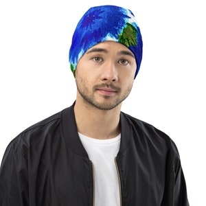 Blue Floral All-Over Print Beanie,flower beanie,beanie hat,soft beanie,cancer hat,chemo beanie,colorful beanie,botanical hat