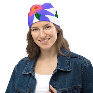 Purple Lilies Beanie,flower beanie,chemo beanie,cancer hat,skull cap,slouch hat,nature lovers gift,ski hat,winter hat