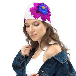 Pink and Blue Floral Beanie,flower beanie,chemo beanie,cancer hat,unisex beanie,slouch hat,ski hat,running hat,skull cap,colorful beanie