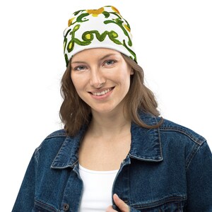 Yellow Flower All-Over Print Beanie,floral beanie,skull cap,ski hat,chemo beanie,cancer hat,womens beanie,slouch hat,soft beanie,yellow love