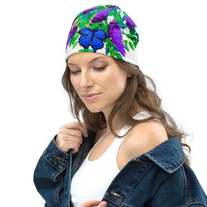 Blue Butterfly Floral Beanie,lower beanie,slouch hat,chemo beanie,cancer hat,ski hat,unisex beanie,skull cap,colorful beanie,cute beanie