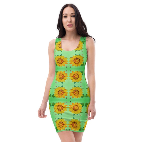Sunflower Bodycon Dress, Casual Spring Secretary Outfit, Sleeveless Floral  Pattern Dress