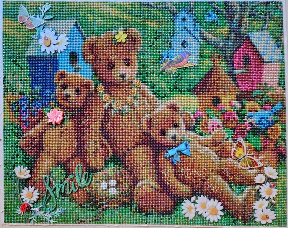 Finished Diamond Painting,Teddy Bears in the Garden,Diamond Art,Handmade  Painting,3d Painting,Diamond Dots,Handmade Artwork,Country Wall Art