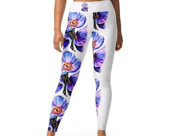 Blue Poppies Yoga Leggings: Floral Print, Plus Size Active Wear