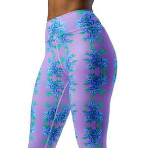Colorful Fun Leggings - Forget Me Not Purple High Waist Yoga Activewear, Pastel Botanical Tights