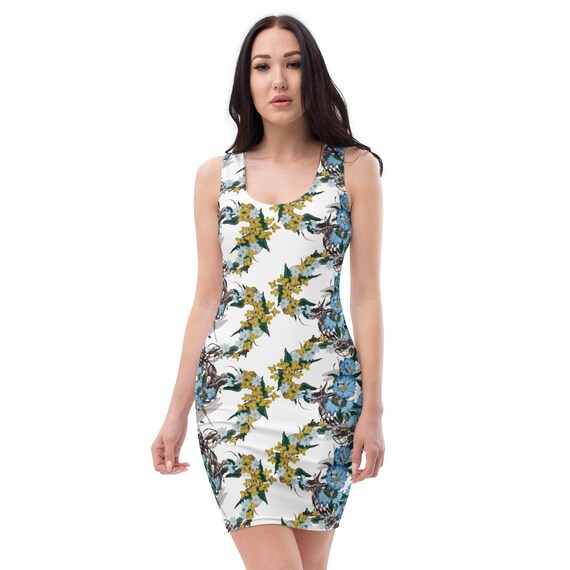 Floral Bodycon Dress: Yellow & Blue Botanical Print, Sleeveless Floral Bodycon Dress: Yellow & Blue Botanical Print, Sleeveless