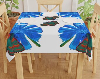 Mantel con estampado floral azul, mantel estampado de mariposas de colores, tiro decorativo de mesa de granja