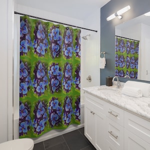 Purple Flowers on Green Shower Curtains, Beautiful Botanical Printed Bathroom Curtains image 1