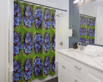 Purple Flowers on Green Shower Curtains, Beautiful Botanical Printed Bathroom Curtains