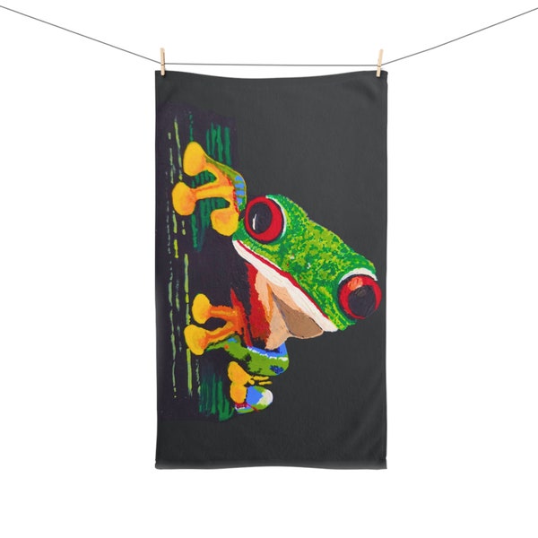 Tree Frog Hand Towel, Nature Inspired Modern Art Hand Towel, Colorful Black Green Bathroom Decor