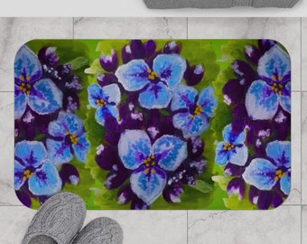 Purple Flowers on Green Bath Mat, Trendy Decorative Accent Rug, Non Slip, Memory Foam