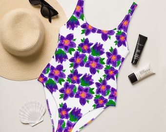 Watercolor Botanical One-Piece Swimsuit, Floral Beach Bathing Suit, Retro Plus Size Festival Bodysuit, Ladies Swimwear