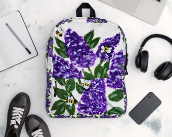 Lilac flower backpack,back to school,wildflower backpack,botanical gift,country backpack,college backpack,hiking backpack,womens diaper bag