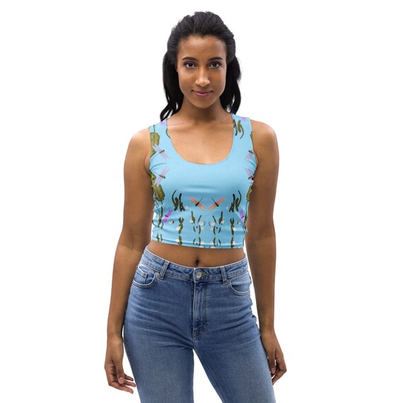 Dragonfly Botanical Crop Top, Light Blue Activewear, Nature Lovers