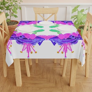 Fuchsia Flower Tablecloth, Festive Floral Patterned Table Throw, Square Wedding Tablecloth