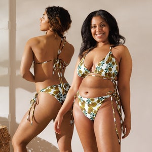 Yellow Sunflower Pattern Recycled String Bikini, Ladies Botanical Beach Swim Wear, Plus Size Floral Bathing Suit
