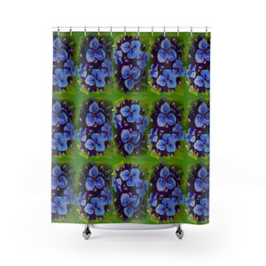 Purple Flowers on Green Shower Curtains, Beautiful Botanical Printed Bathroom Curtains image 2