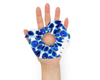 Blau Blumen Scrunchie: Pferdeschwanz Inhaber aus Recycled Polyester