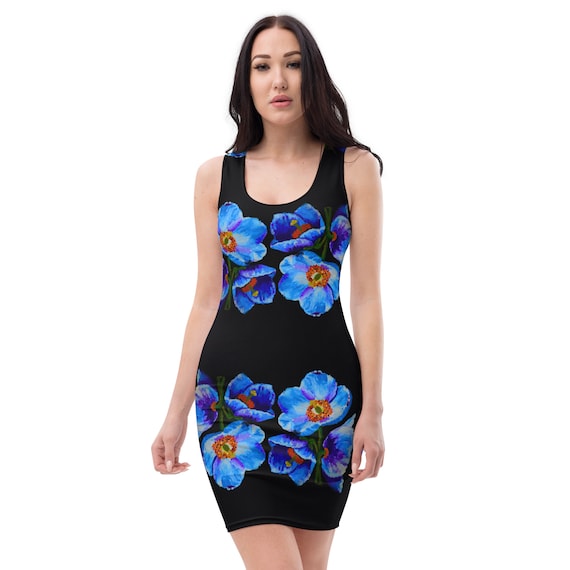 Floral Blue Poppy Bodycon Dress, Sleeveless Wrap Club Outfit, Colorful  Spring Apparel