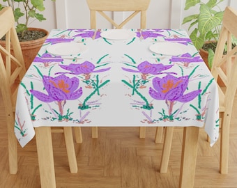 Crocus Flower Tablecloth, Decorative Wedding Tablecloth, Spring Outdoor Tablecloth, Floral Farmhouse Table Throw