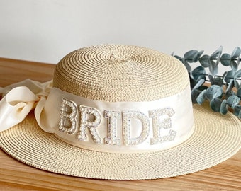 BRIDE WIFEY or CUSTOM Straw Sun Hat Bridal Bow Pearl w/ Letter for Summer day, Beach Wkend, Wedding, Outdoor Reception,Bachelorette,Vacation