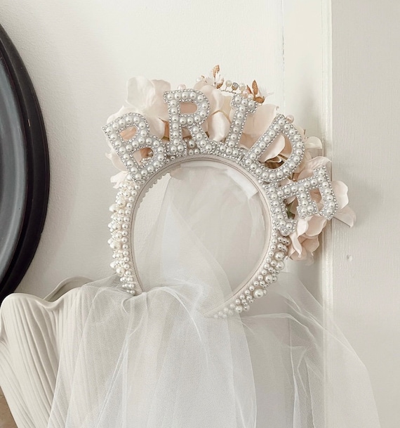 BRIDE and WIFEY Pearl Trim Rhinestone Clustered Headband W 