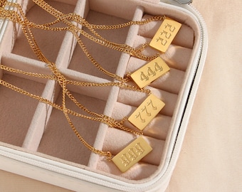 Custom 18k Gold Angel Number Necklace |111, 222, 333,444,555,666,777,888, 999| Personalized Lucky Number Pendant | Engraved Gold Bar Pendant