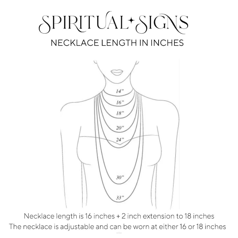 Puede incluir: Un dibujo de l&iacute;nea de una persona que lleva un collar con diferentes longitudes marcadas en pulgadas. El collar es ajustable y se puede llevar a 16 o 18 pulgadas. La longitud del collar es de 16 pulgadas + 2 pulgadas de extensi&oacute;n a 18 pulgadas.
