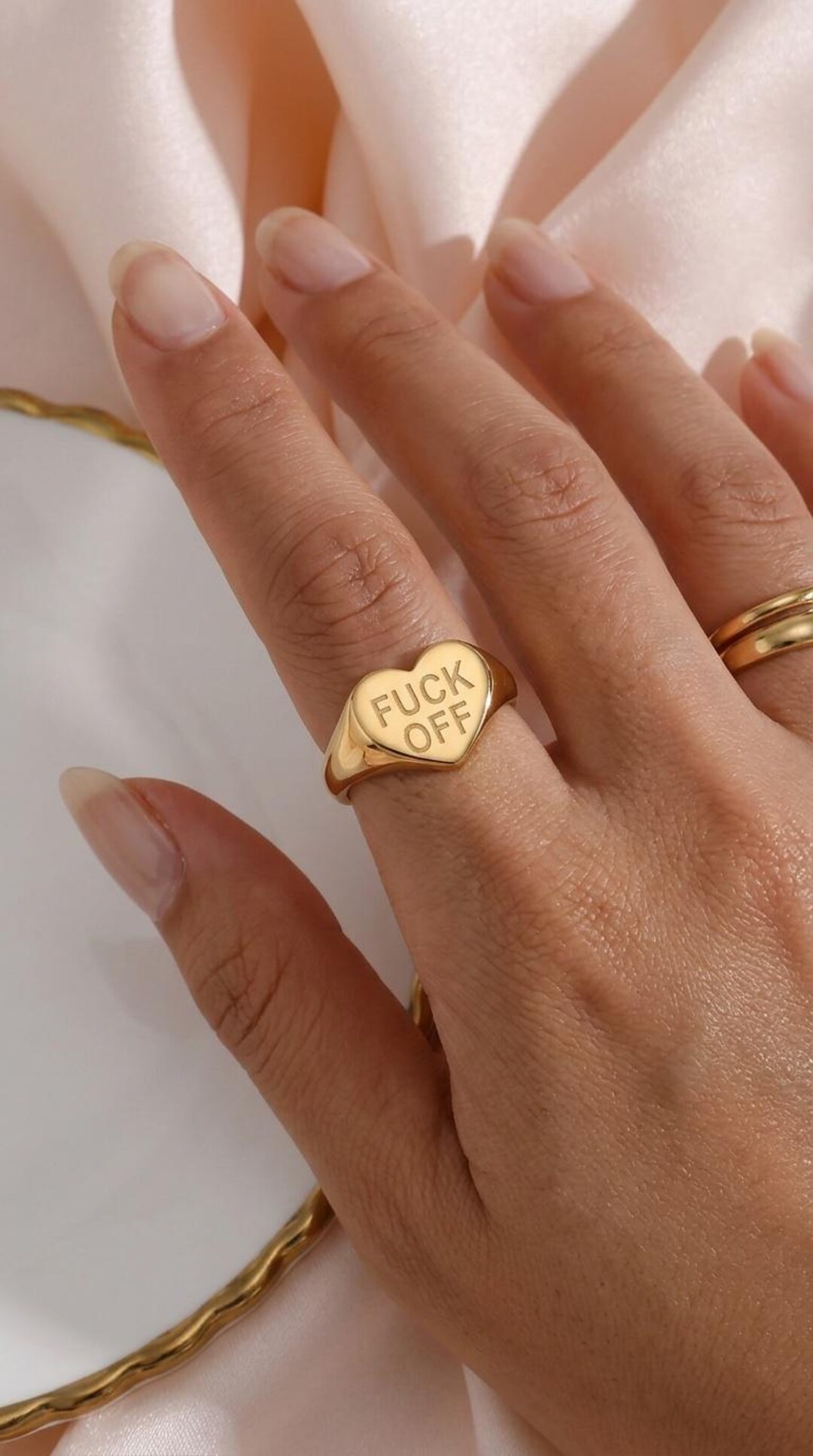 Gold Heart Signet Ring | Engraved 'fuck Off' Statement Ring - Etsy