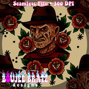 Freddy Traditional Tattoo Style Tattoo Floral Halloween Seamless File || Custom Fabric Printing || Digital Download