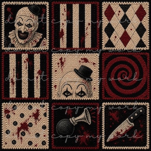 May include: A square-tiled digital embroidery design featuring nine panels with a clown theme. Elements include a clown face, black and white stripes, argyle patterns, a red and black spiral, polka dots, a horn, and a blood-stained knife.