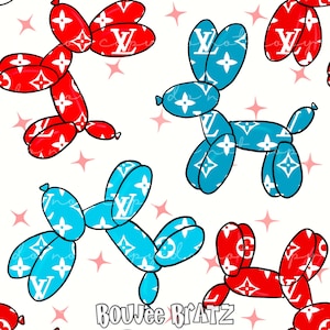 Może przedstawiać: Wzór bez szwów z ilustracjami czerwonych i niebieskich balonowych psów. Psy są ozdobione białym wzorem monogramu LV. Tło jest białe z różowymi gwiazdami.