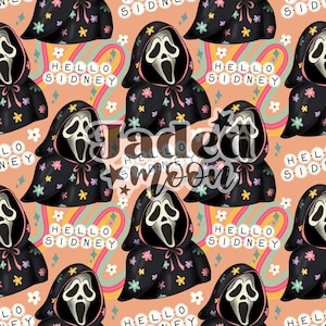 May include: A repeating pattern featuring the Ghostface mask from the Scream movies. The mask is set against a peach background with the text "HELLO SIDNEY" and colorful flowers. The design includes a rainbow and star elements.