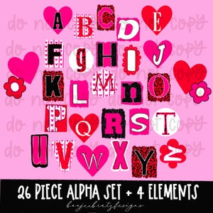May include: A pink background features a 26-piece alphabet set with 4 additional elements. The letters are in various styles, including heart shapes, leopard print, and floral designs. The text "26 PIECE ALPHA SET + 4 ELEMENTS" is at the bottom.