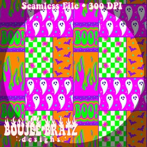 Peut inclure: Motif numérique sur le thème d'Halloween avec un motif patchwork. Le design comprend des fantômes, des araignées, des chauves-souris et le mot "BOO!" en vert vif. Le texte "BOUJEE BRATZ designs" est également présent. La palette de couleurs comprend le rose, l'orange et le vert.