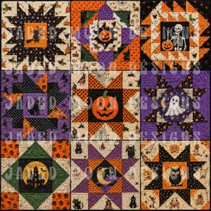 May include: A nine-block Halloween quilt featuring fabric squares with printed motifs of witches, pumpkins, skeletons, ghosts, black cats, owls, and haunted houses in orange, black, purple, and cream colors with a Jaded Moon Designs watermark.