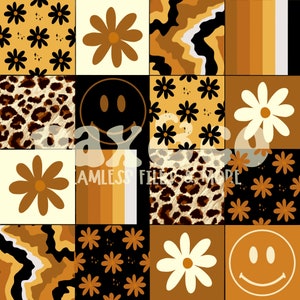 Pode incluir: Uma colagem digital com um mosaico de quadrados marrons, pretos e brancos. Cada quadrado contém um padrão diferente, incluindo margaritas, carinhas sorridentes e estampa animal. O fundo é de cor marrom claro.
