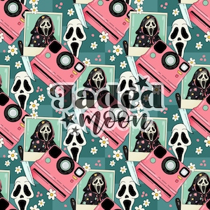 May include: A repeating pattern featuring pink instant cameras, images of a Ghostface mask, white daisies, and knives on a teal background. The text "Jade Moon" is overlaid on the design.