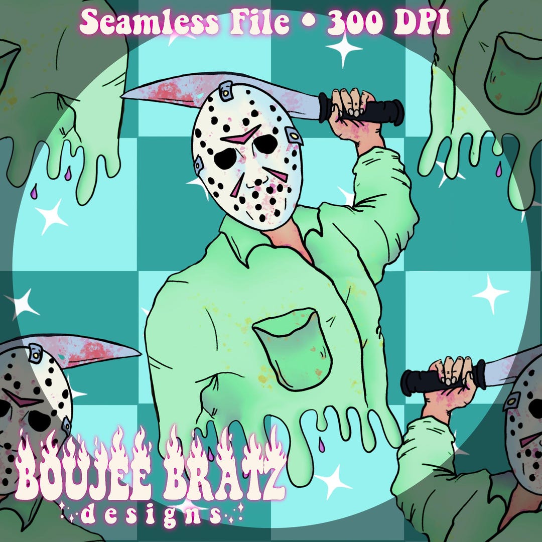 Jason Checker Boy Pastel Horror Drip Bright Pastel Halloween Seamless ...