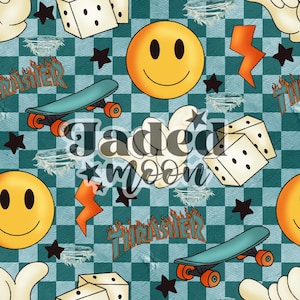 May include: A repeating pattern featuring a teal and white checkered background with various graphics. The design includes smiley faces, skateboards, dice, lightning bolts, stars, and the text "Thrasher" and "Jaded Moon".