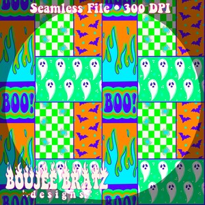 May include: A colorful Halloween-themed digital seamless file with a repeating pattern. The design features ghosts, bats, flames, and the word "BOO!" in a retro font. The color palette includes orange, green, blue, and purple.