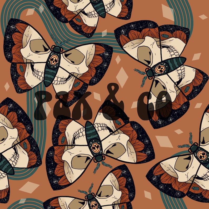 May include: A seamless pattern featuring a repeating design of stylized butterflies with skull-like heads. The butterflies are depicted in shades of brown, black, and white, with intricate details and a cosmic, celestial aesthetic.