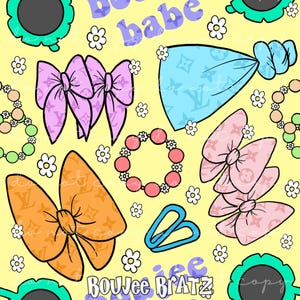 May include: A yellow background with a repeating pattern of bows, hair clips, bracelets, and sunglasses. The text "boujee bratz" is written in a colorful font at the bottom of the image.
