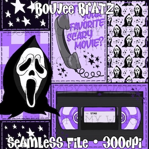 May include: A seamless digital file featuring a collage of horror-themed elements. Includes a Ghostface mask, a telephone, stars, and a VHS tape. The text reads "BOUJEE BRATZ", "YOUR FAVORITE SCARY MOVIE?", "SeAmLeSs FiLe", and "300dpi". The color scheme is primarily purple, black, and white.